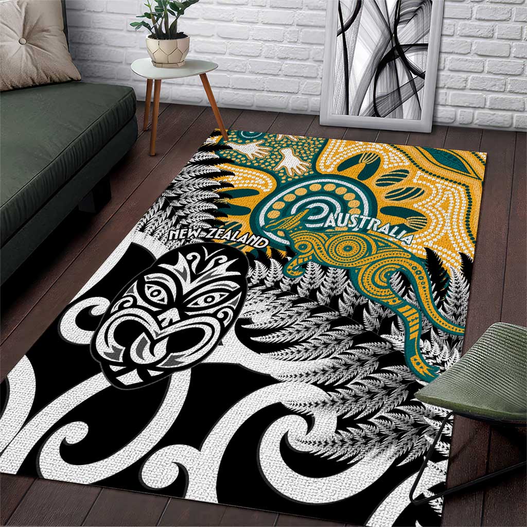 New Zealand Australia Rugby Area Rug Wallabies Aboriginal All Black Maori Tiki Together - Aussie Hoodie