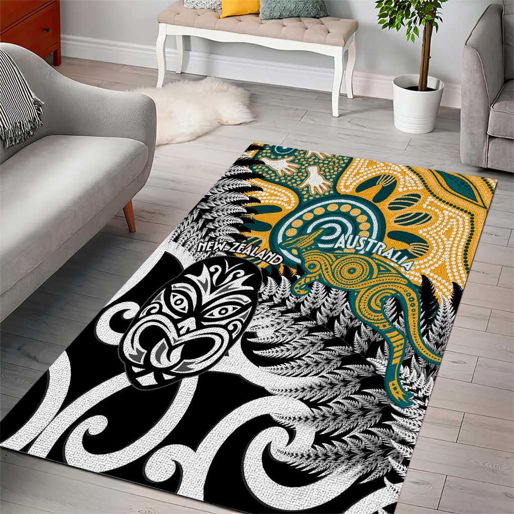 New Zealand Australia Rugby Area Rug Wallabies Aboriginal All Black Maori Tiki Together - Aussie Hoodie