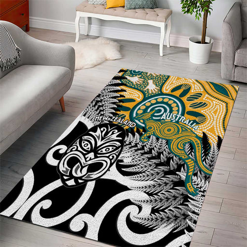 New Zealand Australia Rugby Area Rug Wallabies Aboriginal All Black Maori Tiki Together - Aussie Hoodie