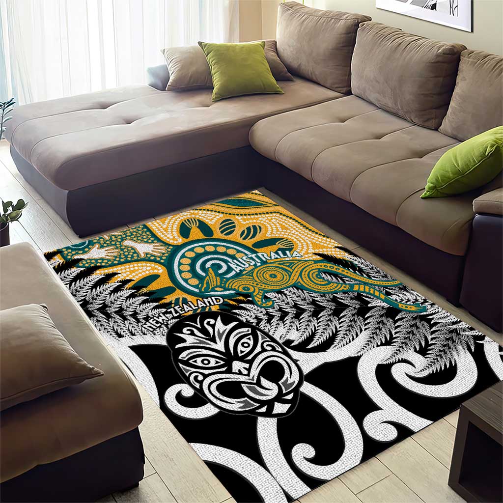 New Zealand Australia Rugby Area Rug Wallabies Aboriginal All Black Maori Tiki Together - Aussie Hoodie