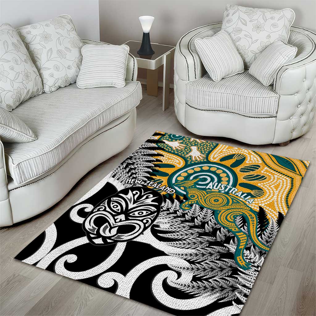 New Zealand Australia Rugby Area Rug Wallabies Aboriginal All Black Maori Tiki Together - Aussie Hoodie
