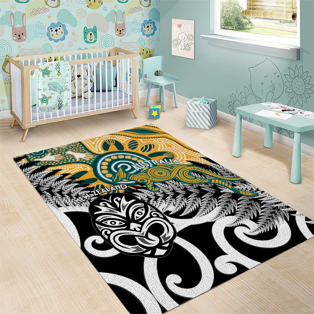 New Zealand Australia Rugby Area Rug Wallabies Aboriginal All Black Maori Tiki Together - Aussie Hoodie