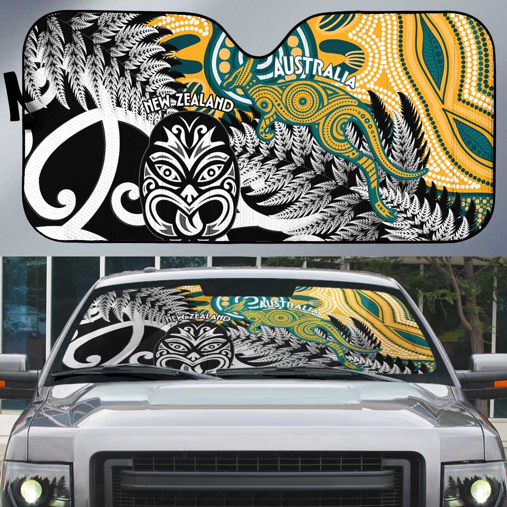 New Zealand Australia Rugby Auto Sun Shade Wallabies Aboriginal All Black Maori Tiki Together - Aussie Hoodie
