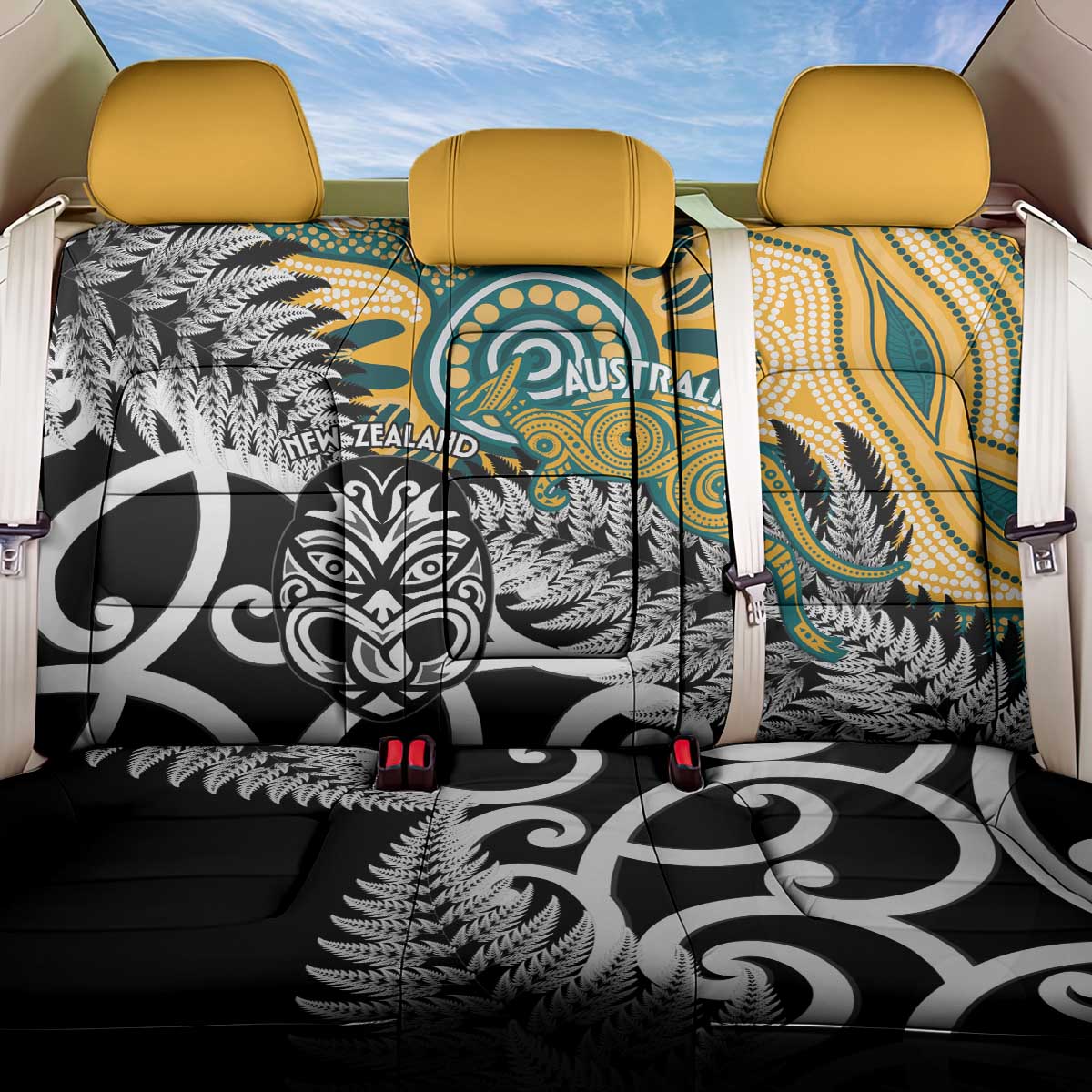 New Zealand Australia Rugby Back Car Seat Cover Wallabies Aboriginal All Black Maori Tiki Together - Aussie Hoodie