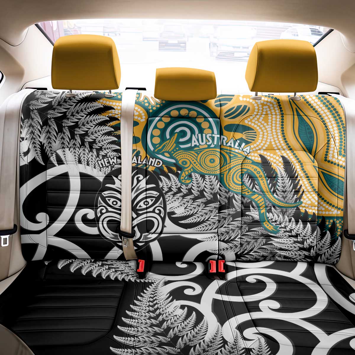 New Zealand Australia Rugby Back Car Seat Cover Wallabies Aboriginal All Black Maori Tiki Together - Aussie Hoodie