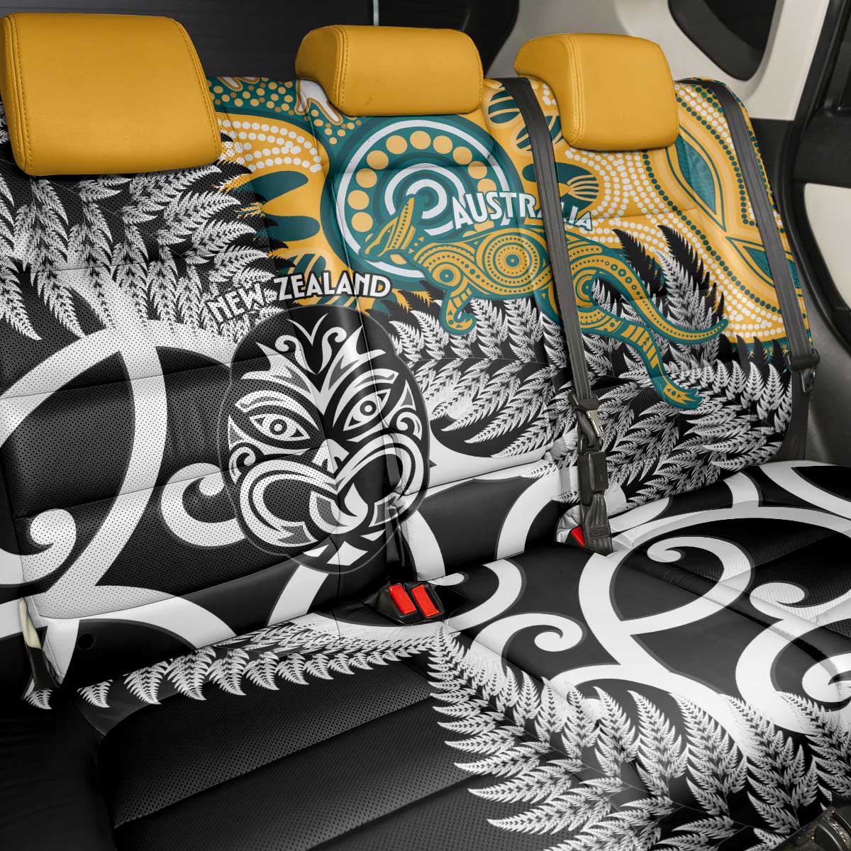 New Zealand Australia Rugby Back Car Seat Cover Wallabies Aboriginal All Black Maori Tiki Together - Aussie Hoodie