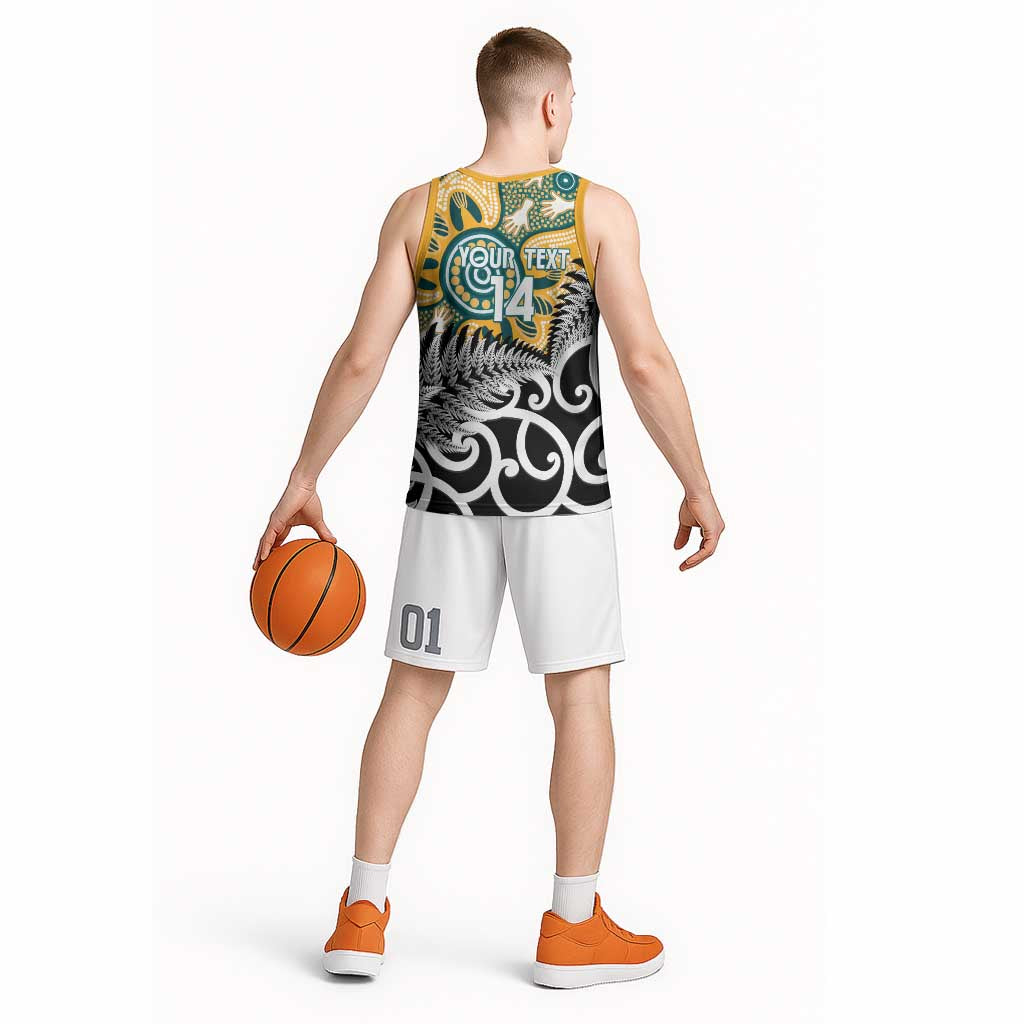 New Zealand Australia Rugby Custom Basketball Jersey Wallabies Aboriginal All Black Maori Tiki Together - Aussie Hoodie