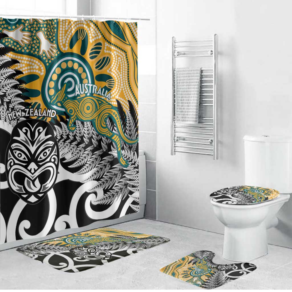 New Zealand Australia Rugby Bathroom Set Wallabies Aboriginal All Black Maori Tiki Together - Aussie Hoodie