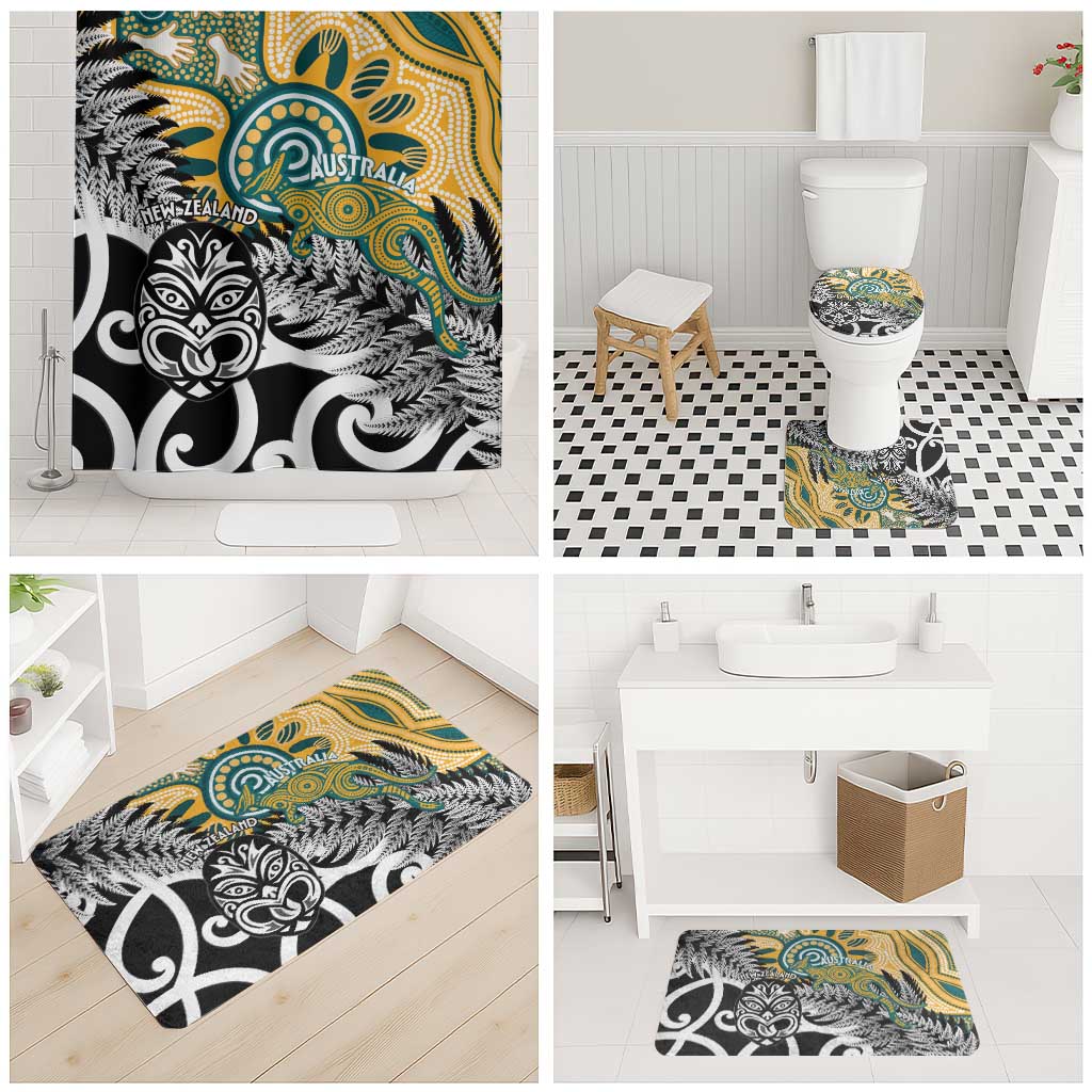 New Zealand Australia Rugby Bathroom Set Wallabies Aboriginal All Black Maori Tiki Together - Aussie Hoodie