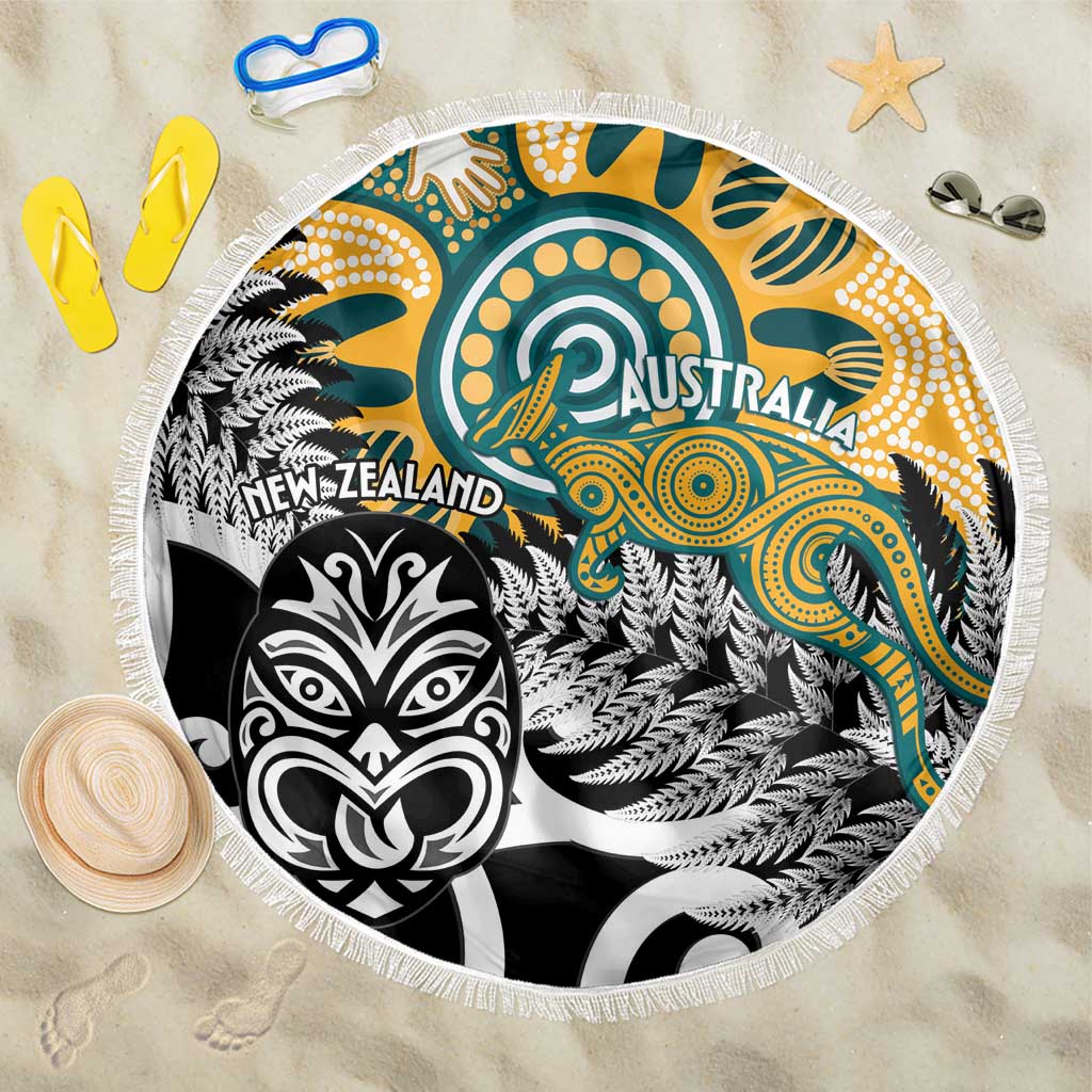 New Zealand Australia Rugby Beach Blanket Wallabies Aboriginal All Black Maori Tiki Together - Aussie Hoodie
