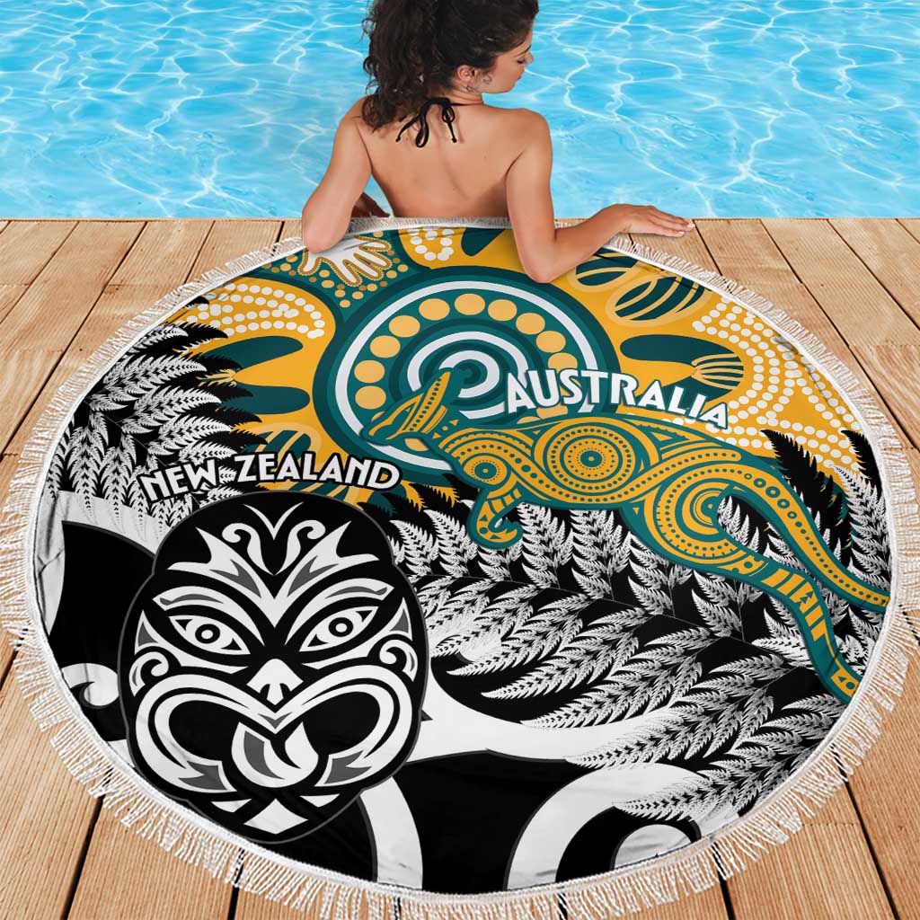 New Zealand Australia Rugby Beach Blanket Wallabies Aboriginal All Black Maori Tiki Together - Aussie Hoodie