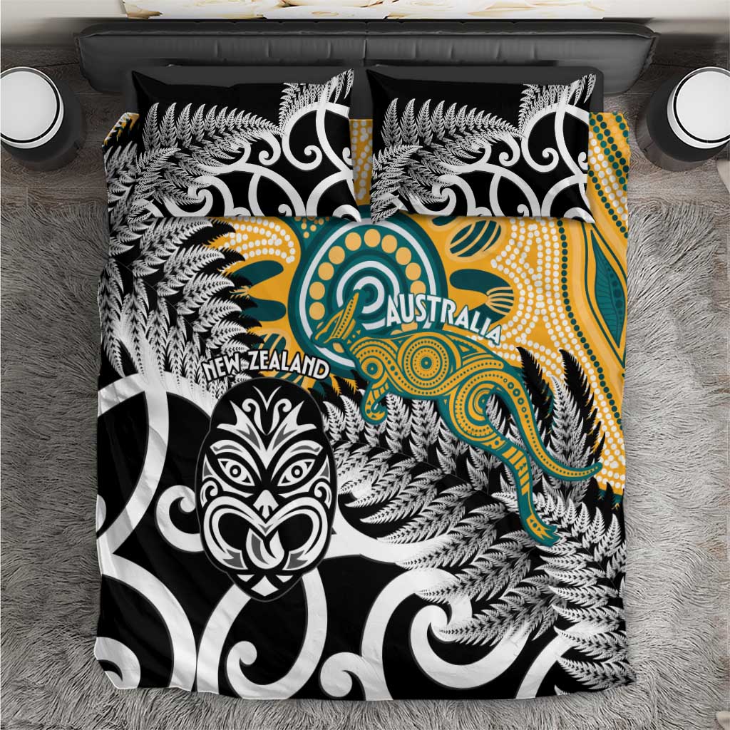 New Zealand Australia Rugby Bedding Set Wallabies Aboriginal All Black Maori Tiki Together - Aussie Hoodie