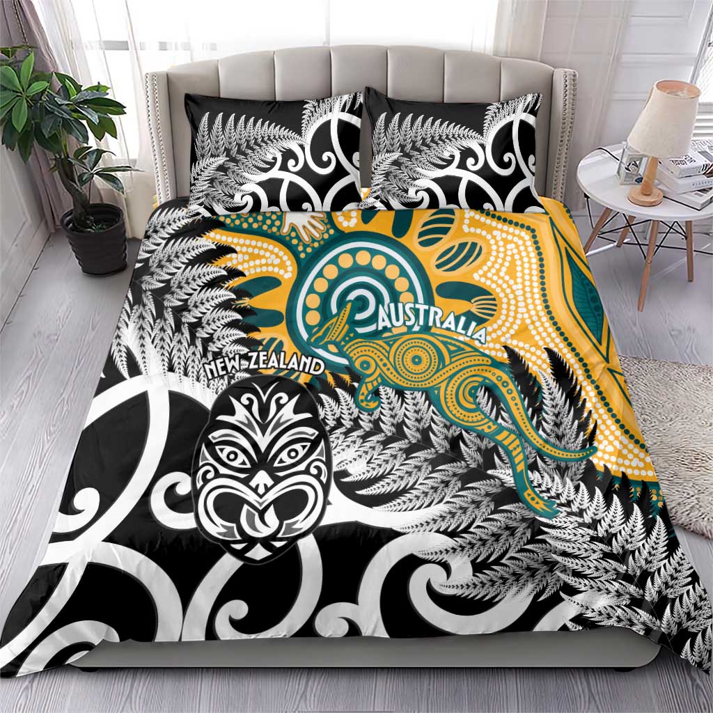 New Zealand Australia Rugby Bedding Set Wallabies Aboriginal All Black Maori Tiki Together - Aussie Hoodie