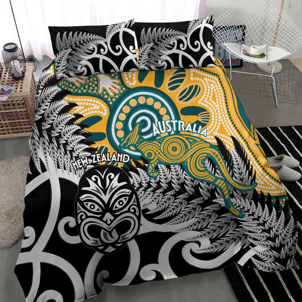New Zealand Australia Rugby Bedding Set Wallabies Aboriginal All Black Maori Tiki Together - Aussie Hoodie