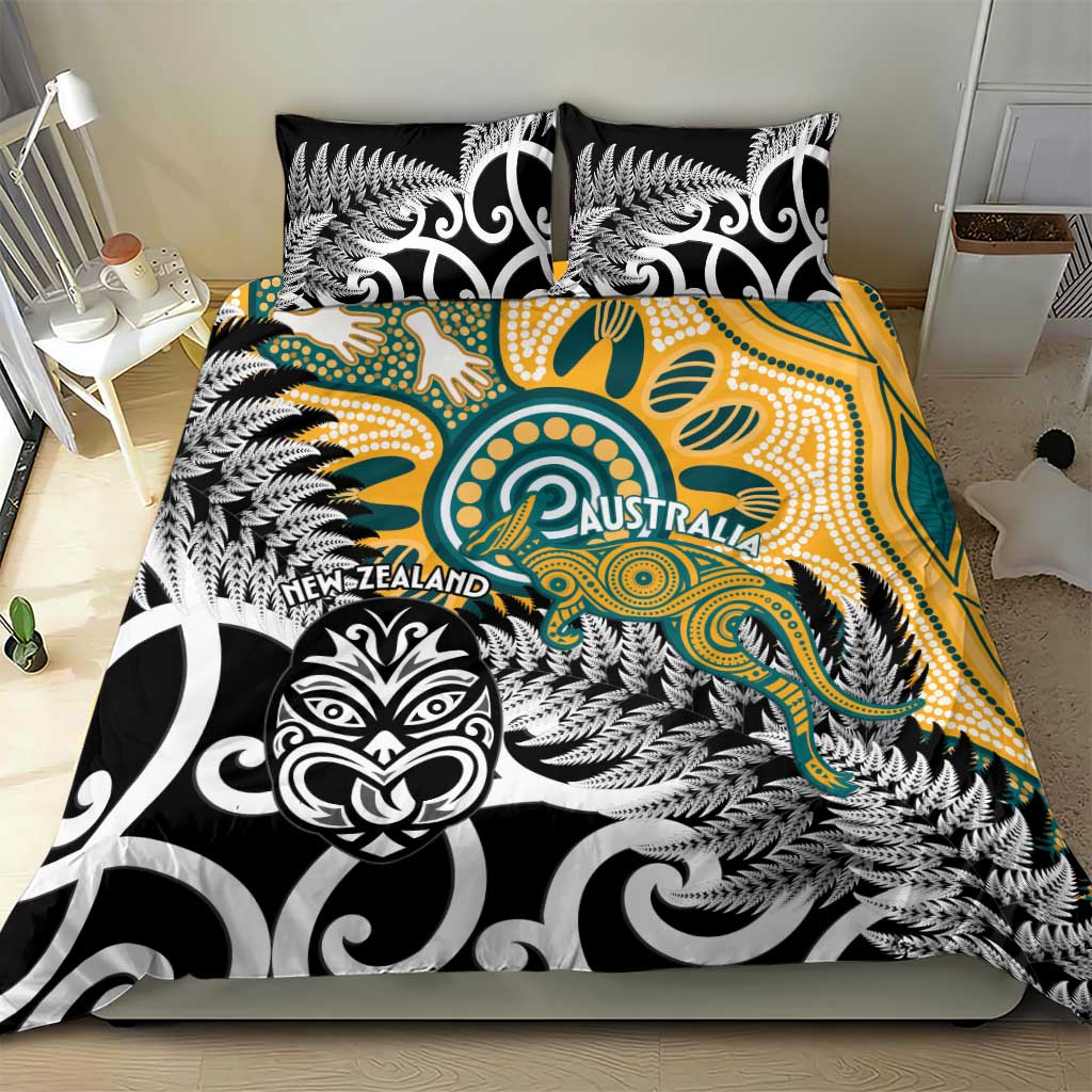 New Zealand Australia Rugby Bedding Set Wallabies Aboriginal All Black Maori Tiki Together - Aussie Hoodie