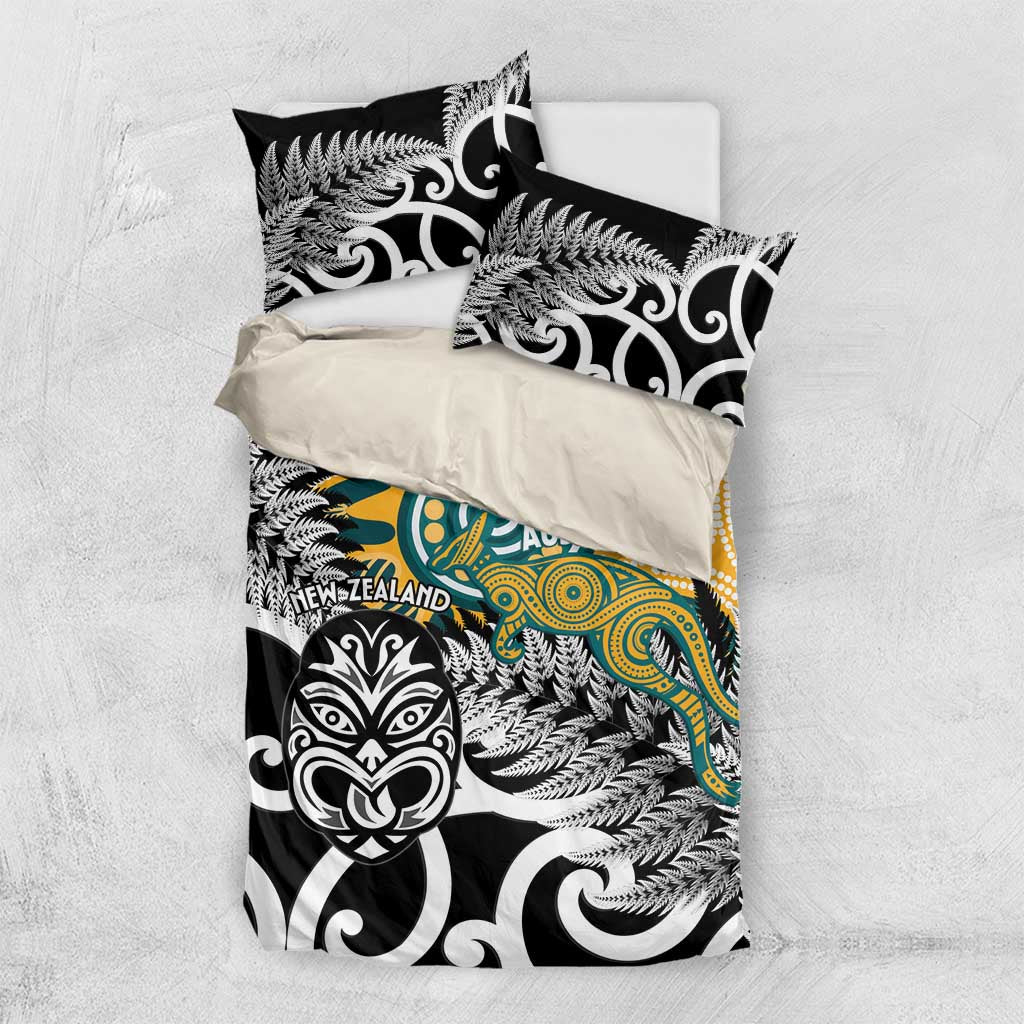 New Zealand Australia Rugby Bedding Set Wallabies Aboriginal All Black Maori Tiki Together - Aussie Hoodie