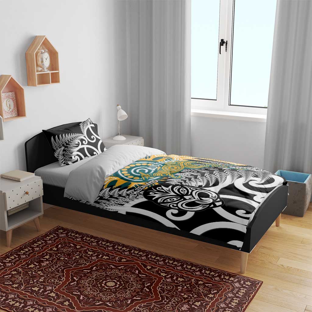 New Zealand Australia Rugby Bedding Set Wallabies Aboriginal All Black Maori Tiki Together - Aussie Hoodie
