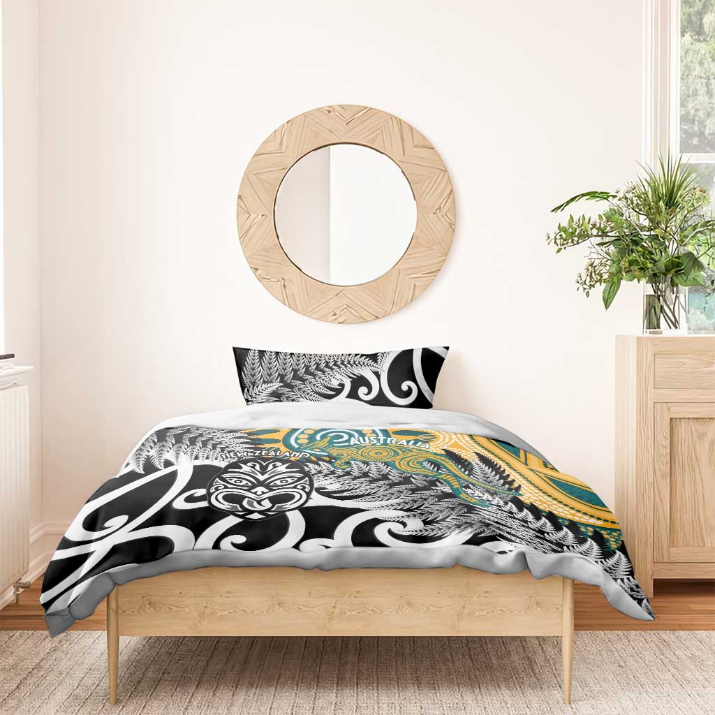 New Zealand Australia Rugby Bedding Set Wallabies Aboriginal All Black Maori Tiki Together - Aussie Hoodie