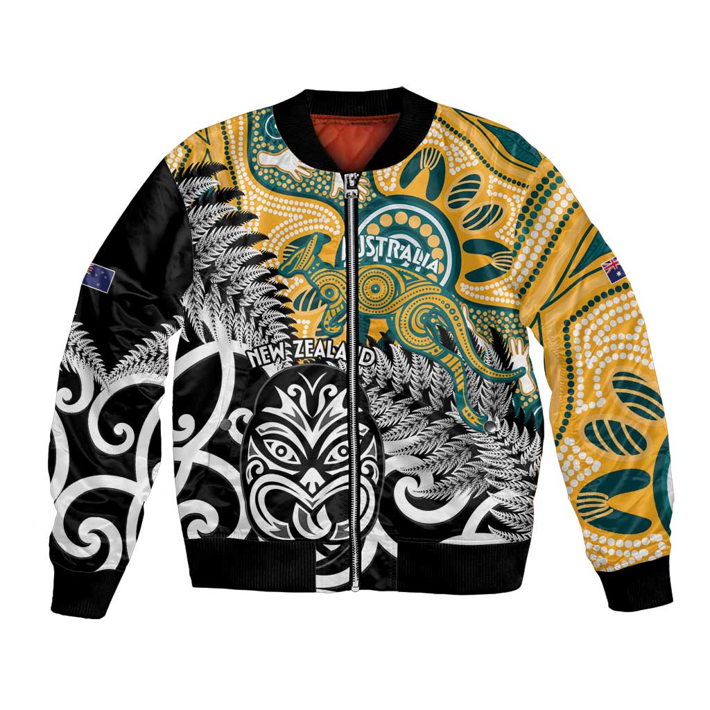 New Zealand Australia Rugby Custom Bomber Jacket Wallabies Aboriginal All Black Maori Tiki Together - Aussie Hoodie