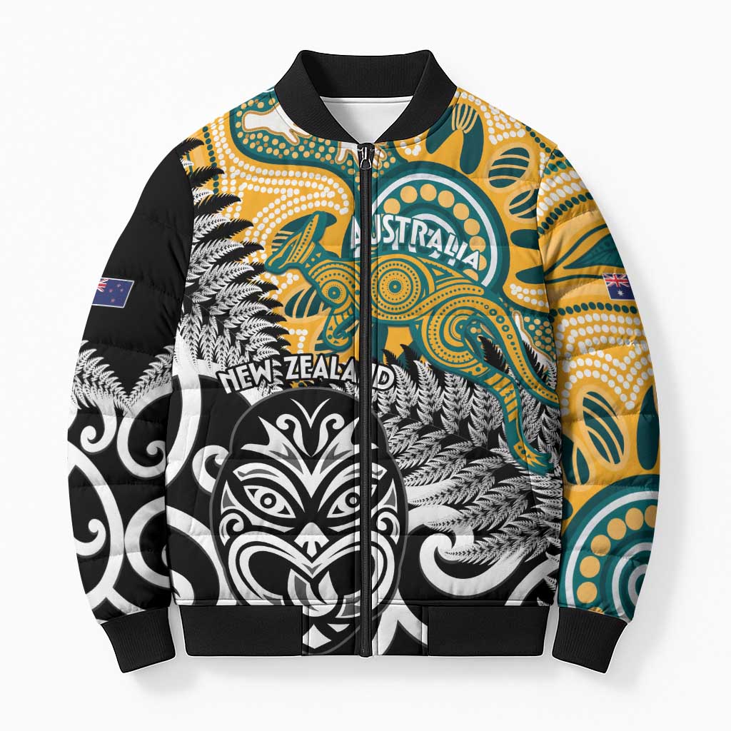 New Zealand Australia Rugby Custom Bomber Puffer Jacket Wallabies Aboriginal All Black Maori Tiki Together - Aussie Hoodie
