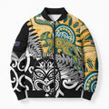 New Zealand Australia Rugby Custom Bomber Puffer Jacket Wallabies Aboriginal All Black Maori Tiki Together - Aussie Hoodie