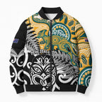 New Zealand Australia Rugby Custom Bomber Puffer Jacket Wallabies Aboriginal All Black Maori Tiki Together - Aussie Hoodie