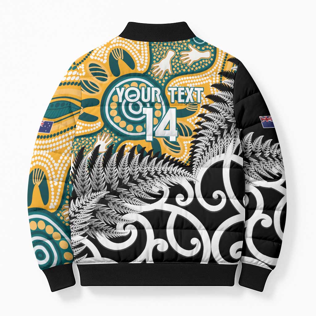 New Zealand Australia Rugby Custom Bomber Puffer Jacket Wallabies Aboriginal All Black Maori Tiki Together - Aussie Hoodie