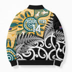 New Zealand Australia Rugby Custom Bomber Puffer Jacket Wallabies Aboriginal All Black Maori Tiki Together - Aussie Hoodie