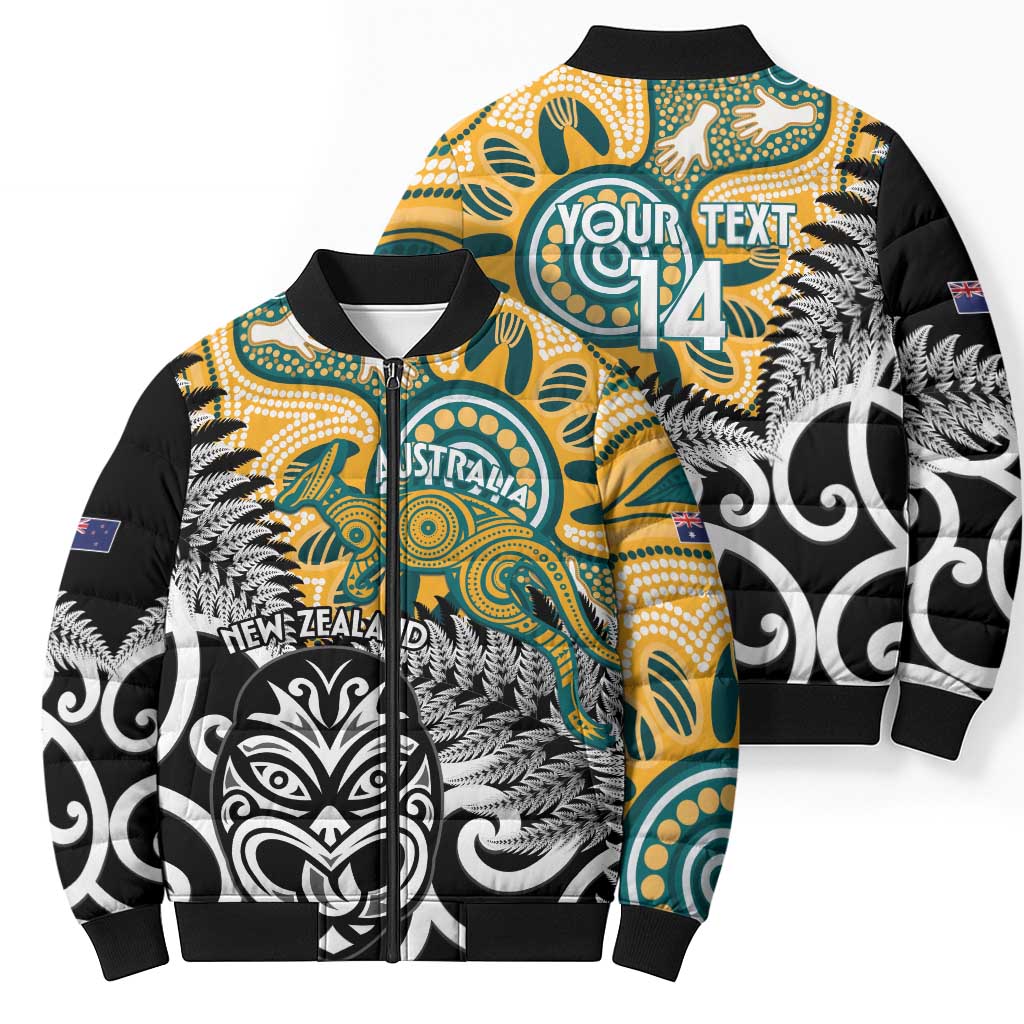 New Zealand Australia Rugby Custom Bomber Puffer Jacket Wallabies Aboriginal All Black Maori Tiki Together - Aussie Hoodie
