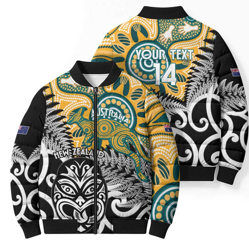 New Zealand Australia Rugby Custom Bomber Puffer Jacket Wallabies Aboriginal All Black Maori Tiki Together - Aussie Hoodie