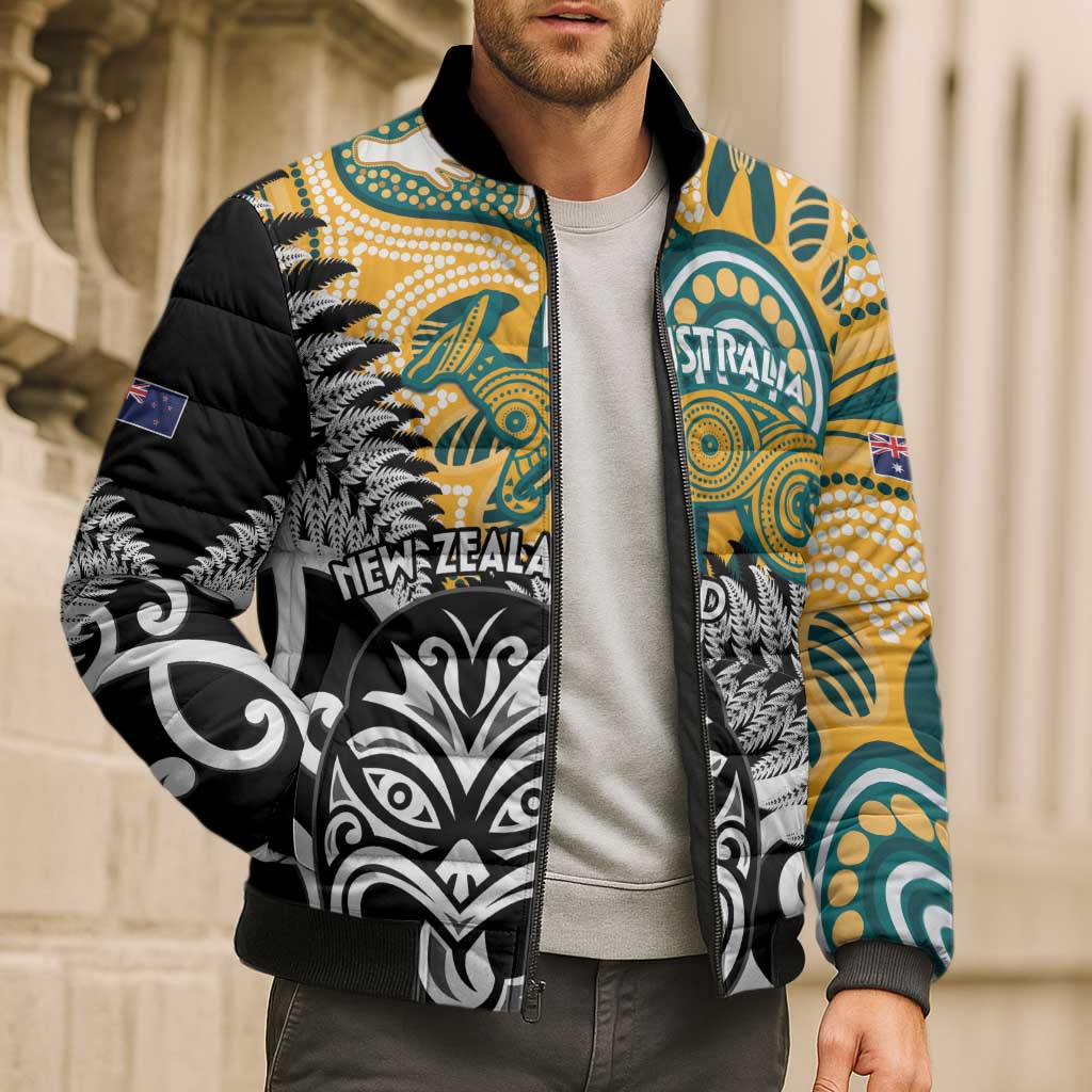New Zealand Australia Rugby Custom Bomber Puffer Jacket Wallabies Aboriginal All Black Maori Tiki Together - Aussie Hoodie
