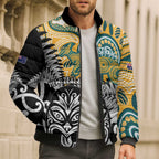 New Zealand Australia Rugby Custom Bomber Puffer Jacket Wallabies Aboriginal All Black Maori Tiki Together - Aussie Hoodie