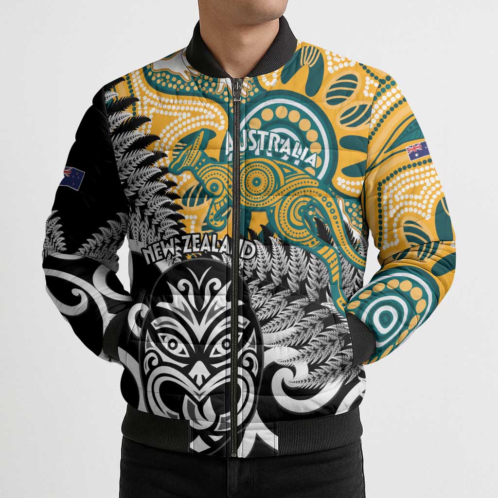 New Zealand Australia Rugby Custom Bomber Puffer Jacket Wallabies Aboriginal All Black Maori Tiki Together - Aussie Hoodie