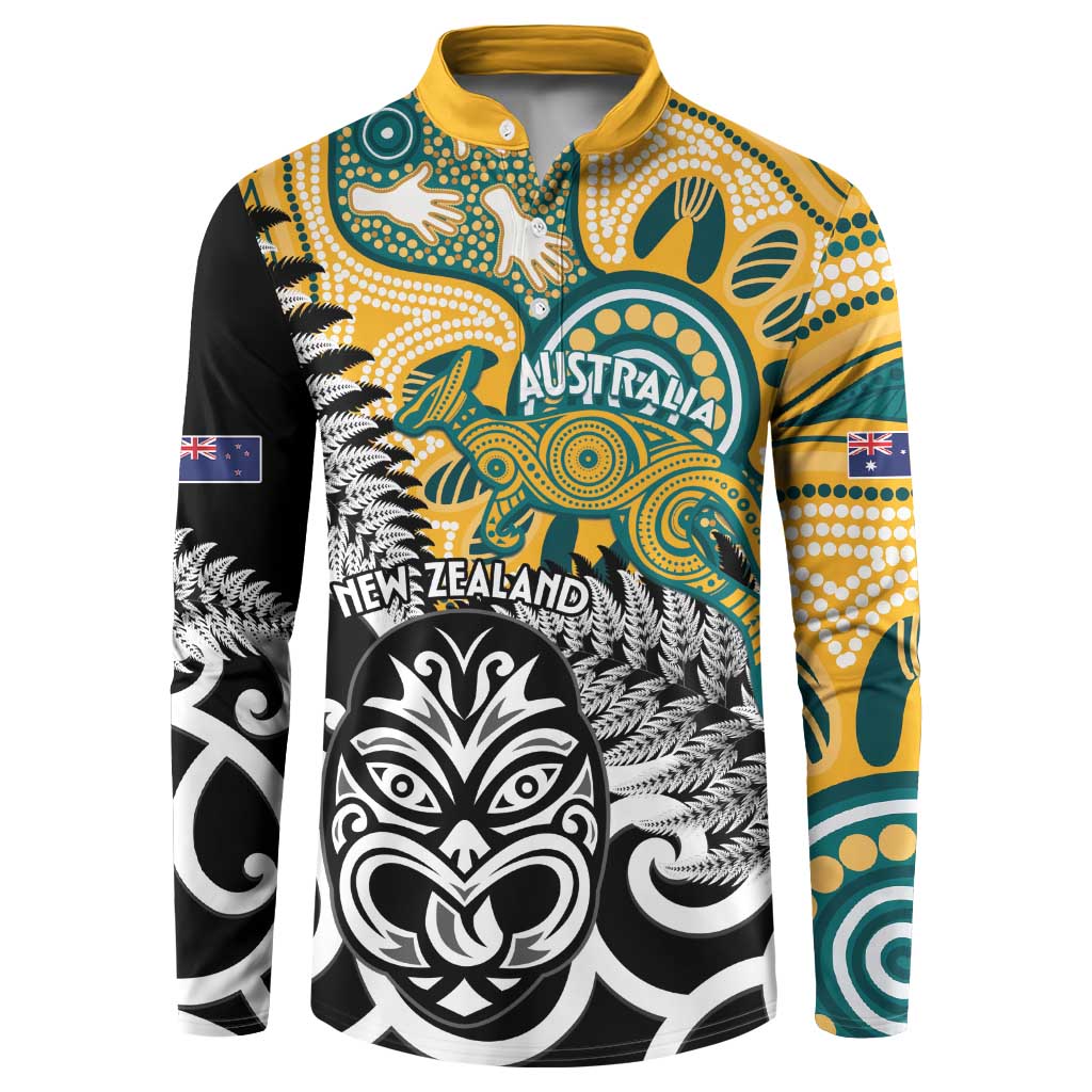 New Zealand Australia Rugby Custom Button Sweatshirt Wallabies Aboriginal All Black Maori Tiki Together - Aussie Hoodie
