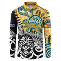 New Zealand Australia Rugby Custom Button Sweatshirt Wallabies Aboriginal All Black Maori Tiki Together - Aussie Hoodie