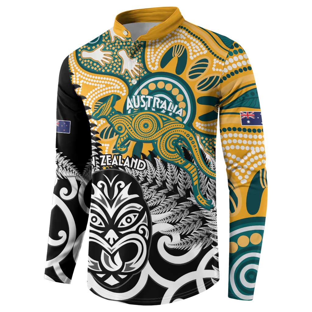 New Zealand Australia Rugby Custom Button Sweatshirt Wallabies Aboriginal All Black Maori Tiki Together - Aussie Hoodie