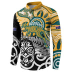 New Zealand Australia Rugby Custom Button Sweatshirt Wallabies Aboriginal All Black Maori Tiki Together - Aussie Hoodie