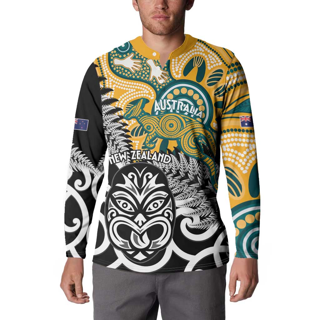 New Zealand Australia Rugby Custom Button Sweatshirt Wallabies Aboriginal All Black Maori Tiki Together - Aussie Hoodie
