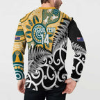 New Zealand Australia Rugby Custom Button Sweatshirt Wallabies Aboriginal All Black Maori Tiki Together - Aussie Hoodie