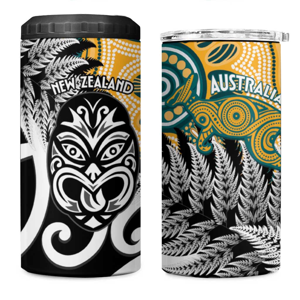 New Zealand Australia Rugby 4 in 1 Can Cooler Tumbler Wallabies Aboriginal All Black Maori Tiki Together - Aussie Hoodie