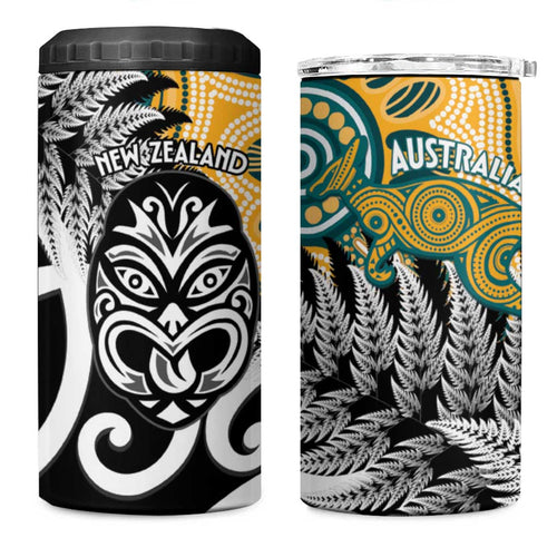 New Zealand Australia Rugby 4 in 1 Can Cooler Tumbler Wallabies Aboriginal All Black Maori Tiki Together - Aussie Hoodie
