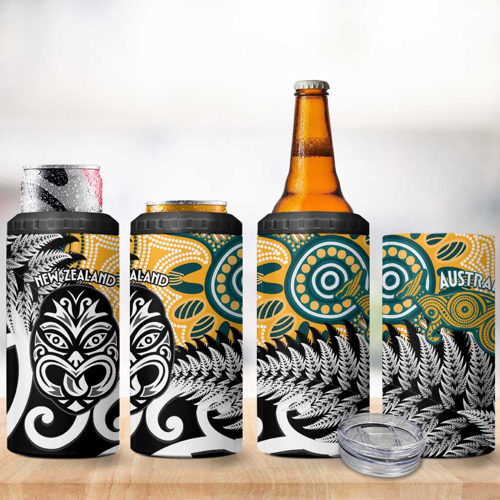 New Zealand Australia Rugby 4 in 1 Can Cooler Tumbler Wallabies Aboriginal All Black Maori Tiki Together - Aussie Hoodie