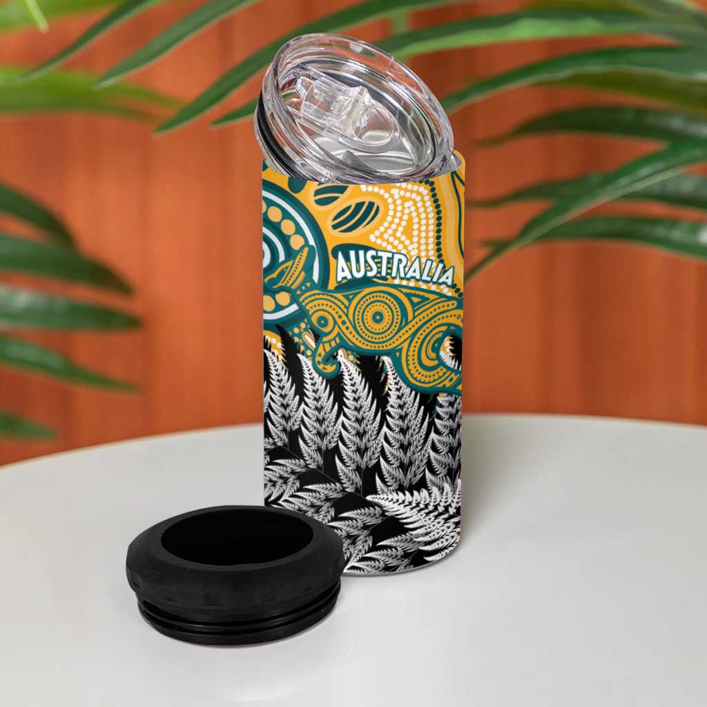 New Zealand Australia Rugby 4 in 1 Can Cooler Tumbler Wallabies Aboriginal All Black Maori Tiki Together - Aussie Hoodie