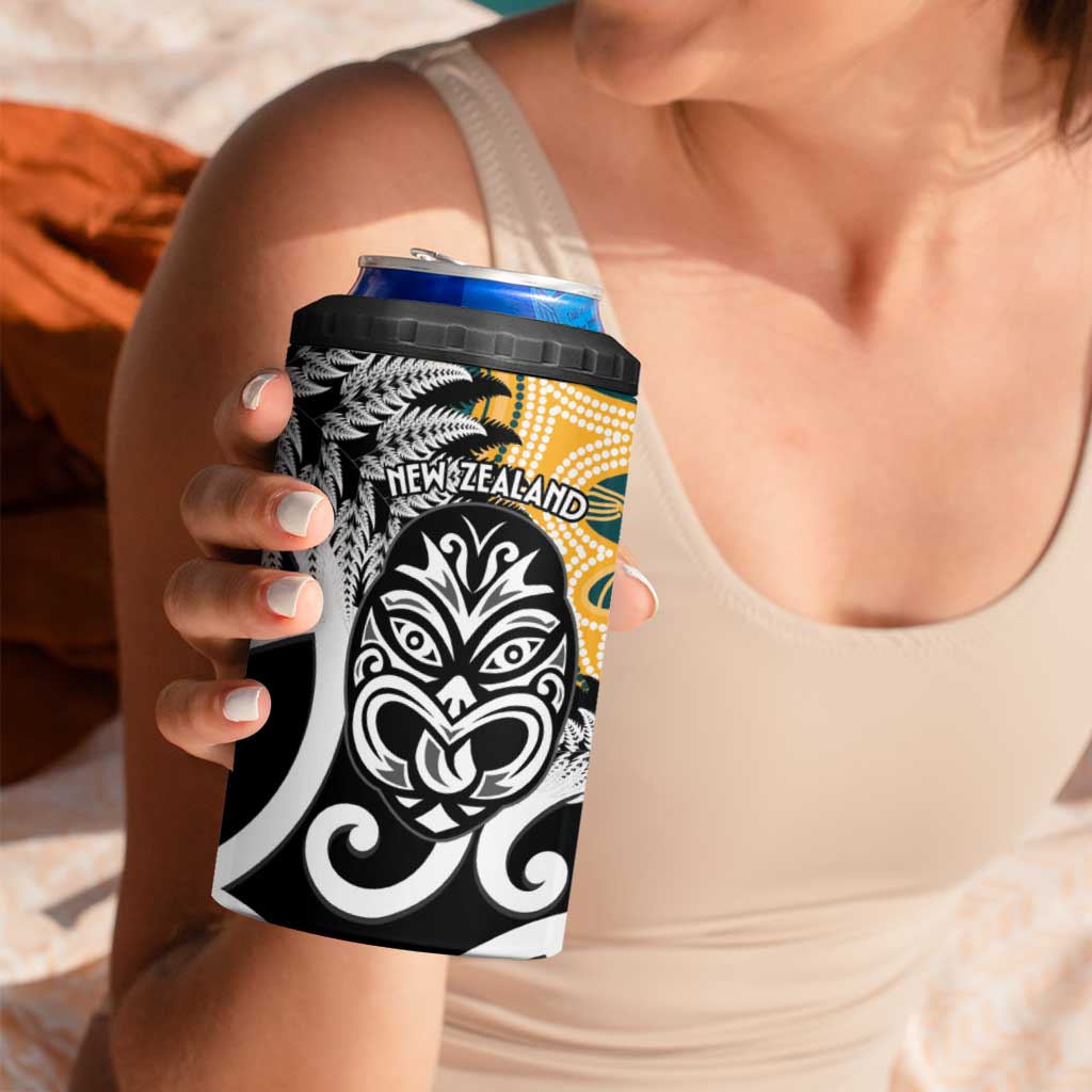 New Zealand Australia Rugby 4 in 1 Can Cooler Tumbler Wallabies Aboriginal All Black Maori Tiki Together - Aussie Hoodie