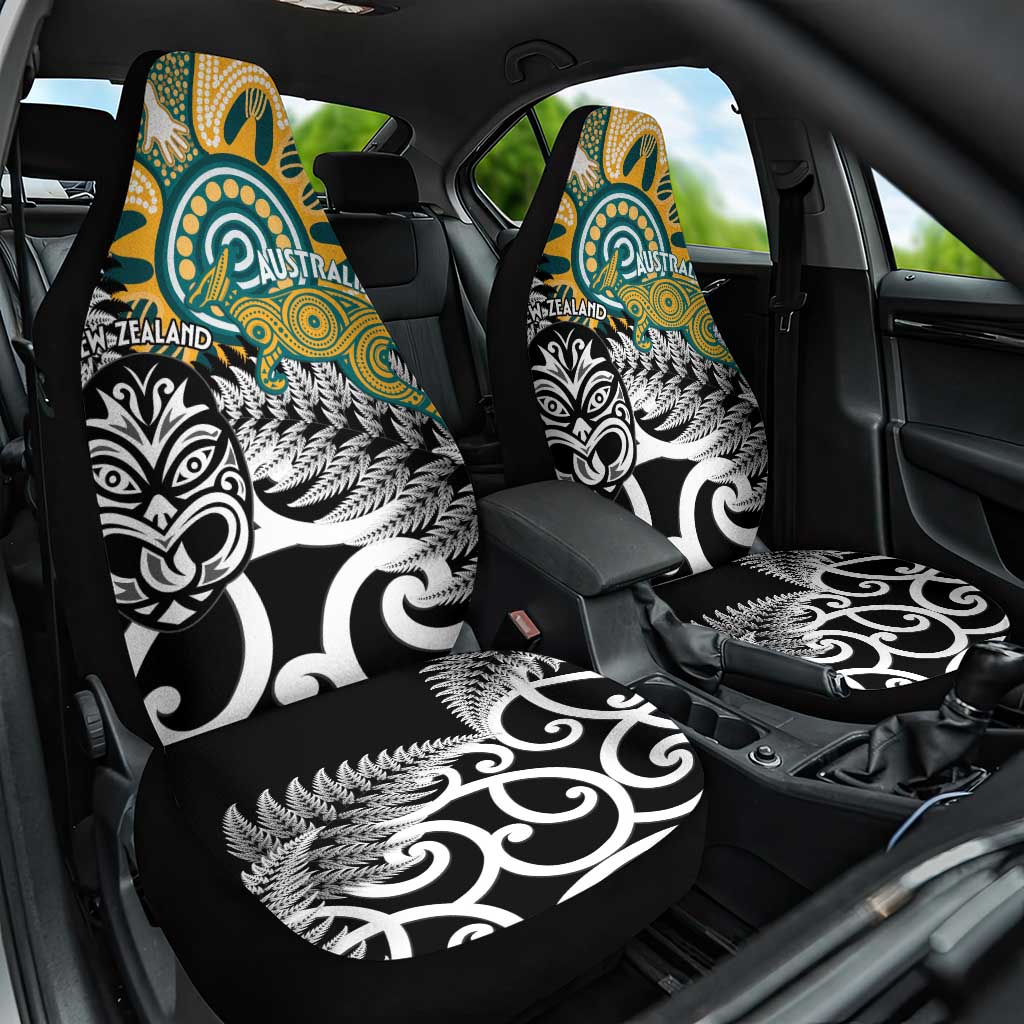New Zealand Australia Rugby Car Seat Cover Wallabies Aboriginal All Black Maori Tiki Together - Aussie Hoodie
