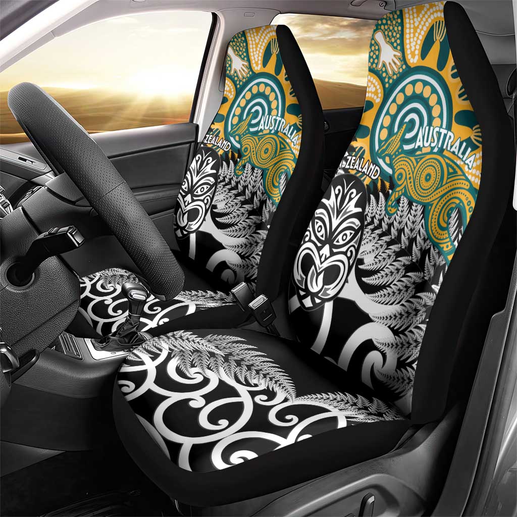 New Zealand Australia Rugby Car Seat Cover Wallabies Aboriginal All Black Maori Tiki Together - Aussie Hoodie