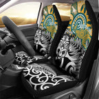 New Zealand Australia Rugby Car Seat Cover Wallabies Aboriginal All Black Maori Tiki Together - Aussie Hoodie
