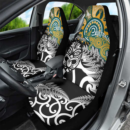 New Zealand Australia Rugby Car Seat Cover Wallabies Aboriginal All Black Maori Tiki Together - Aussie Hoodie
