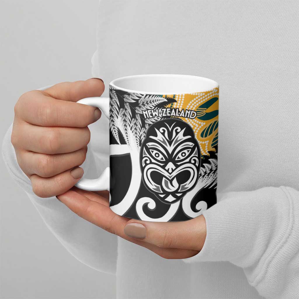 New Zealand Australia Rugby Ceramic Mug Wallabies Aboriginal All Black Maori Tiki Together - Aussie Hoodie