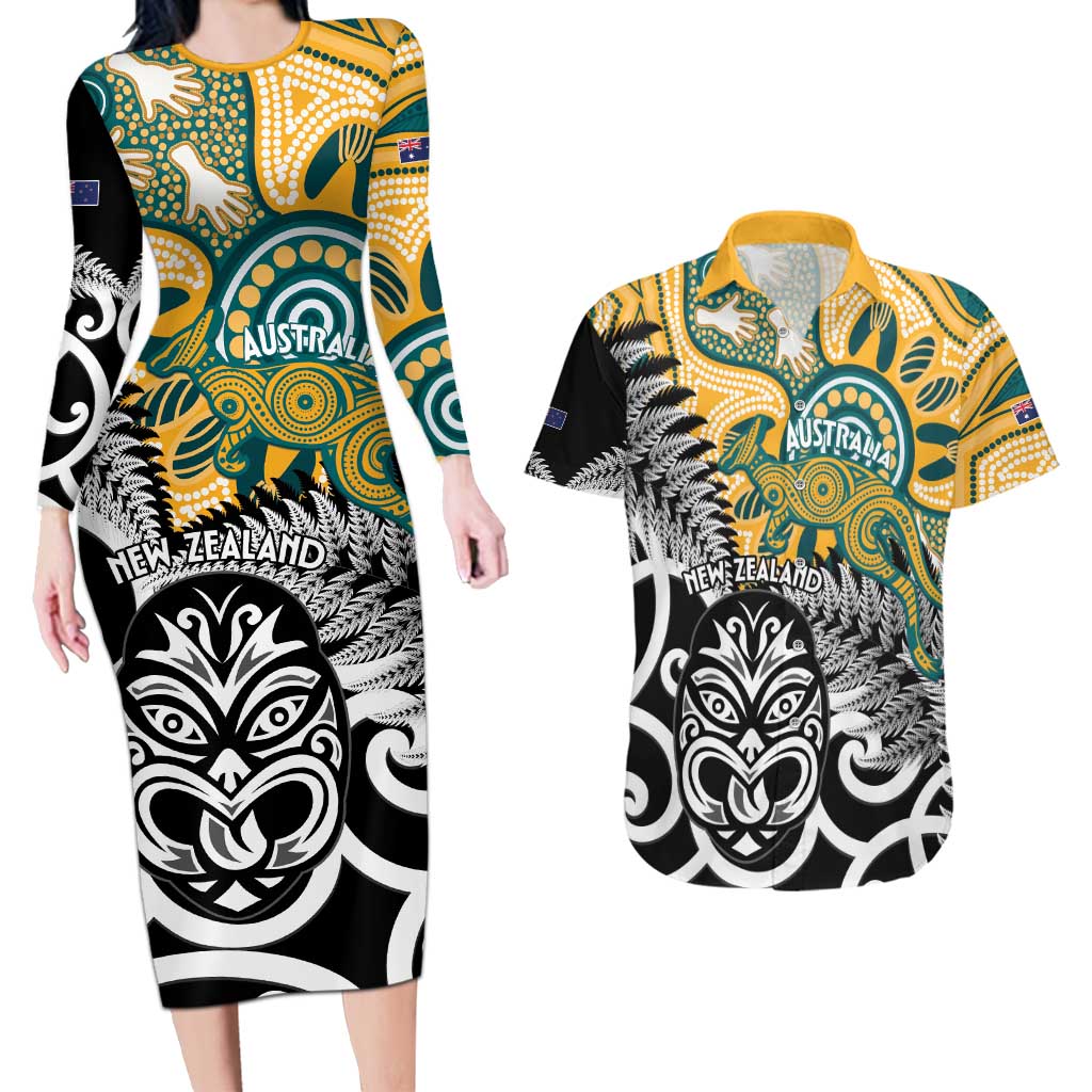 New Zealand Australia Rugby Custom Couples Matching Long Sleeve Bodycon Dress and Hawaiian Shirt Wallabies Aboriginal All Black Maori Tiki Together - Aussie Hoodie